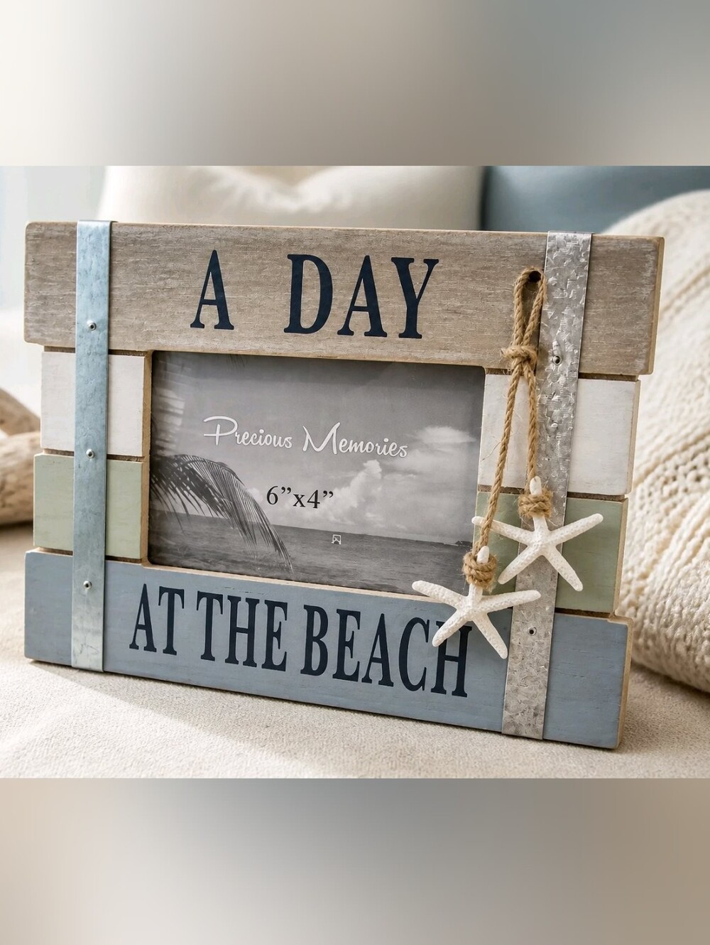 Coastal 'A Day At The Beach' Wood Photo Frame - Blue & Natural #702